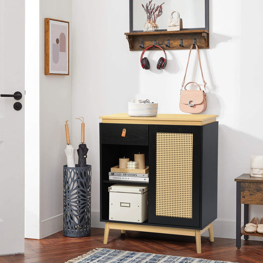 Gabinete de Bufé Aparador, Gabinete de Almacenamiento de Cocina con Puertas Decoradas de Ratán Negro