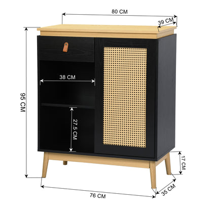 Gabinete de Bufé Aparador, Gabinete de Almacenamiento de Cocina con Puertas Decoradas de Ratán Negro