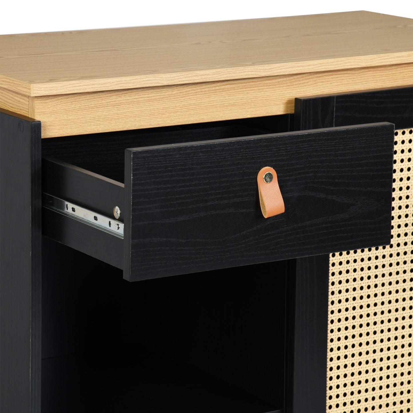 Gabinete de Bufé Aparador, Gabinete de Almacenamiento de Cocina con Puertas Decoradas de Ratán Negro
