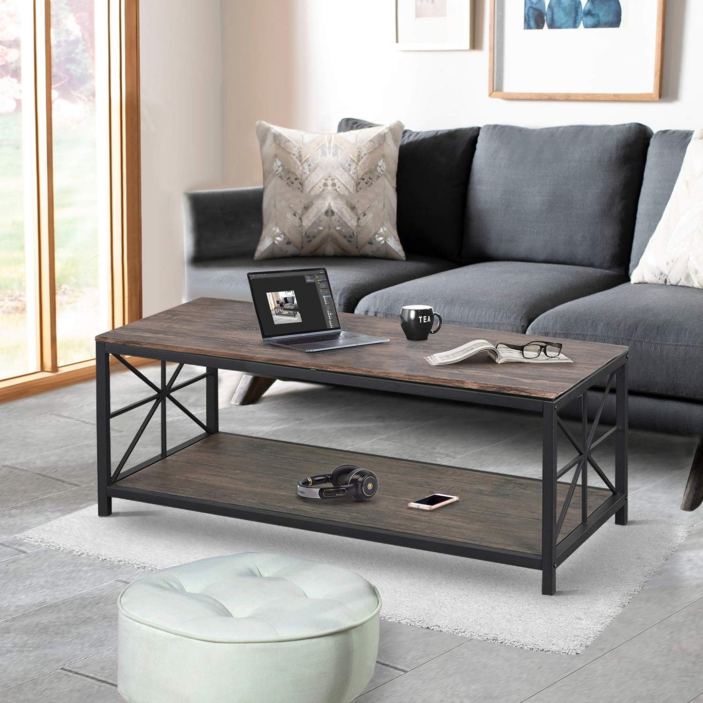 Mesa de Centro Estilo Industrial con Estante de Almacenamiento para Sala de Estar