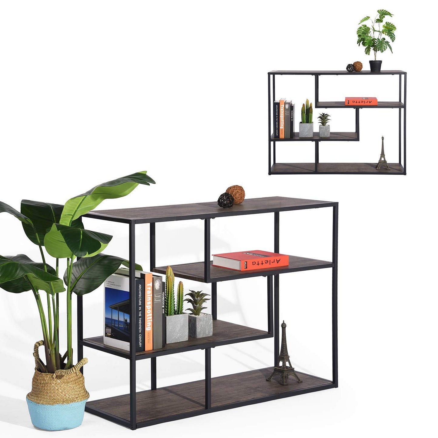 Librerías Industriales de 4 Niveles con Marco de Metal Marrón